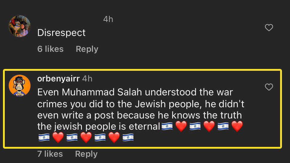 🚨🚨🚨🚨🚨🚨🚨🚨

أحد الصهاينة ردّاً على صورة في حساب ليفربول على انستغرام:

"حتى محمد صلاح يعلم جرائم الحرب التي ارتكبتموها ضد الشعب اليهودي؛ لذلك لم يتحدث لأنه يعلم الحقيقة"

<a href="/MoSalah/">Mohamed Salah</a>