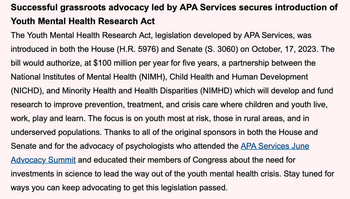 Woo-hoo!!  <a href="/APA/">American Psychological Association</a> Science Advocacy staff made this new bipartisan bill happen!  A $500M increase to <a href="/NIH/">NIH</a>  budget for research on mental health!  Stay tuned for info on how we can get it passed next!!!