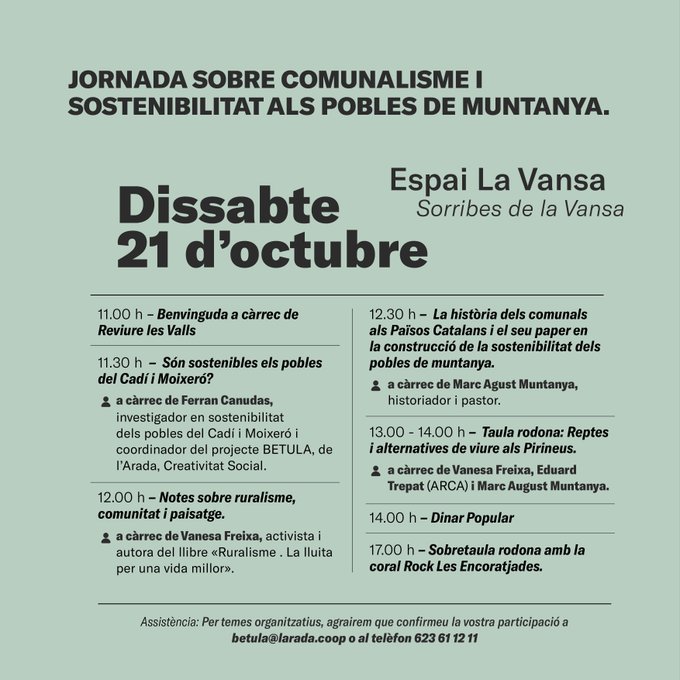 arcaruralcat's tweet photo. 🌄 "Jornada sobre #comunalisme i #sostenibilitat als pobles de muntanya".
Cicle @BetulaLarada
🗓️ 21 d'octubre
🕚 11h
📍 Sorribes de la Vansa
➡️ Amb @arcaruralcat a la taula rodona "Reptes i alternatives de viure als Pirineus".
🔗 + informació:
https://t.co/HYeGRB4TqV https://t.co/s8itURyMqD