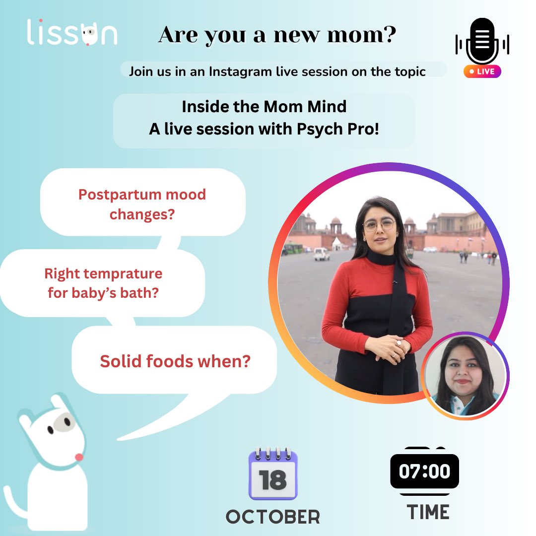 Join us for a Special Instagram Live Session Today with @Sonal_MK ! Inside the Mom Mind: A Live Session with a Psych Pro👩‍🍼 🗓️: 18th October 2023 🕛: 7:00 PM IST 📍: instagram.com/lissunapp?igsh… #live #instagramlive #newmomlife #mothers #mentalhealthmatters #mentalhealth #lissun