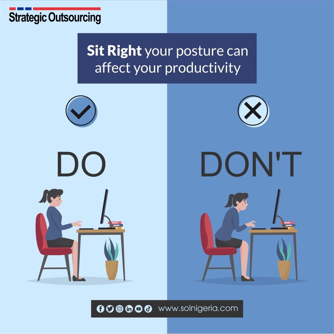 Sitting right is one of the keys to ensuring effective work. Learn to maintain the right posture to bring your best to the workplace. #ProductivityHacks #PostureMatters #worksmart #wcw #sol #strategicoutsourcinglimited #outsourcingsolutions