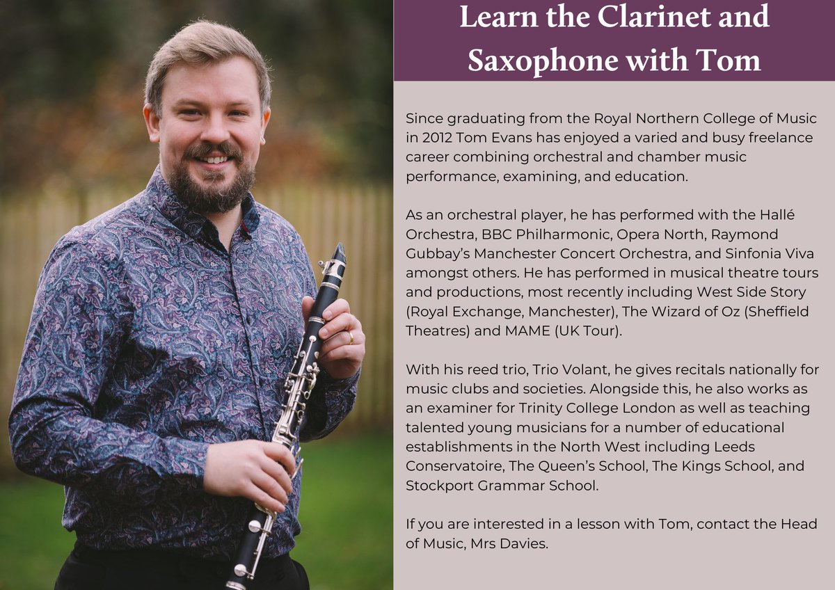 TheQueensSchool's tweet photo. Our next #MusicFocus is on clarinet & saxophone teacher Tom Evans who offers lessons at the Lower & Senior School. Contact our Head of Music Mrs Davies if your daughter is interested in starting lessons with Tom. #MusicLessons #PeripateticTeacher #Clarient #Saxophone #Queens https://t.co/osnmBMzdf6
