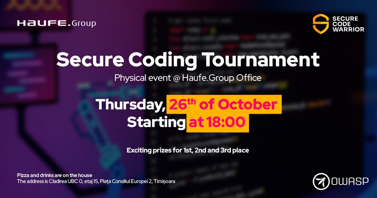 🎁 There are exciting prizes for 1st, 2nd and 3rd place! 🔊 Only one week before we kick off the tournament! Register below if you want to play with #vulnerabilities and if you are eager to learn #appsec :
✅ lnkd.in/dp7zzCSq
#owasp #meetup