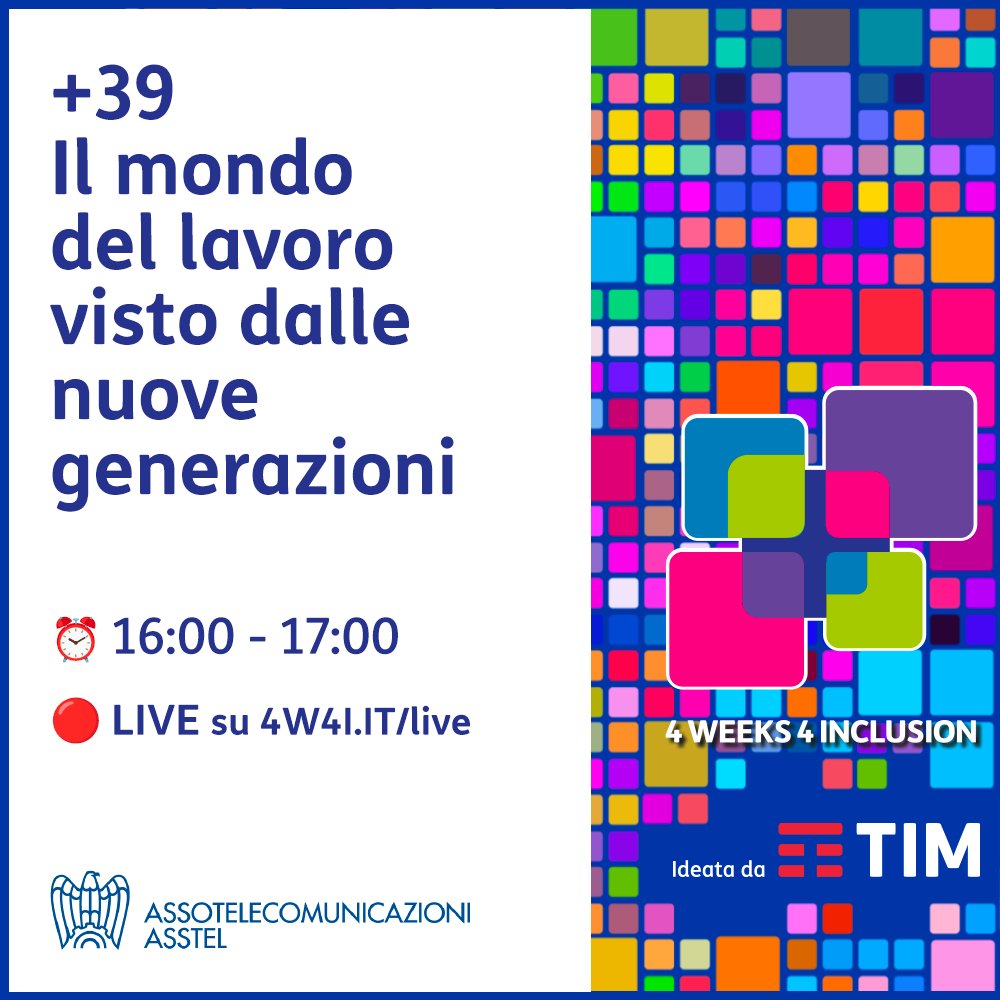 Tra poco “+39, il mondo del lavoro visto dalle nuove generazioni”, il panel di @asstel_it e #VBR nell’ambito di @4W4Inclusion: formazione, innovazione e strategie per attrarre giovani talenti e creare ambienti di lavoro inclusivi. 🔴▶️ LIVE alle 16:00 🔗 4W4I.it/live