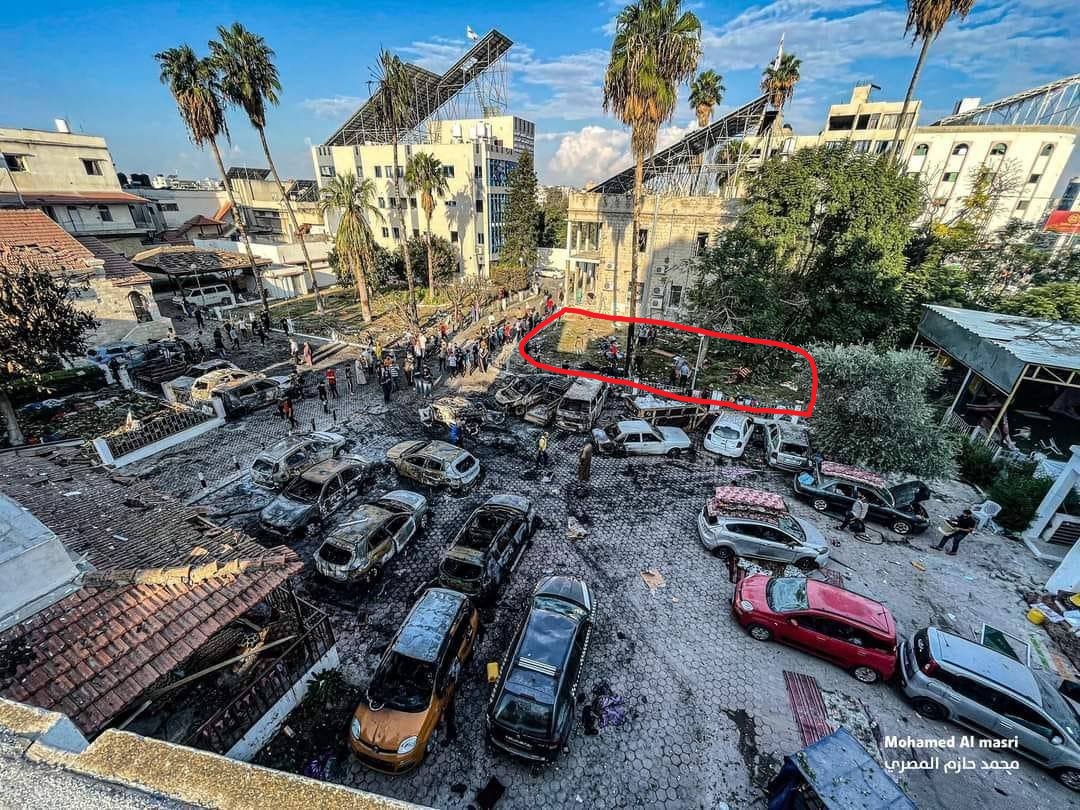 Of note, casualty-wise, I can confirm a number, probably 30-50, IDPs (internally displaced persons) were sheltering on the lawn in the courtyard of the Ahli Hospital in the red highlighted area. They took the worst of the blast, many of their bodies were badly burnt.