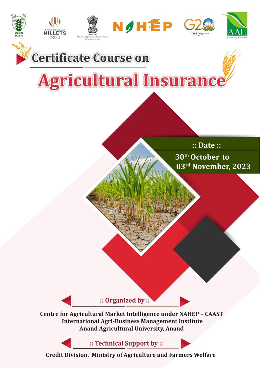 NahepCaast's tweet photo. Certificate Course on "Agricultural Insurance" is scheduled to be organized from 30th October to 3rd November, 2023 

Registration Link :  https://t.co/IZC9Q3IDCq https://t.co/iQBjUsJdKm