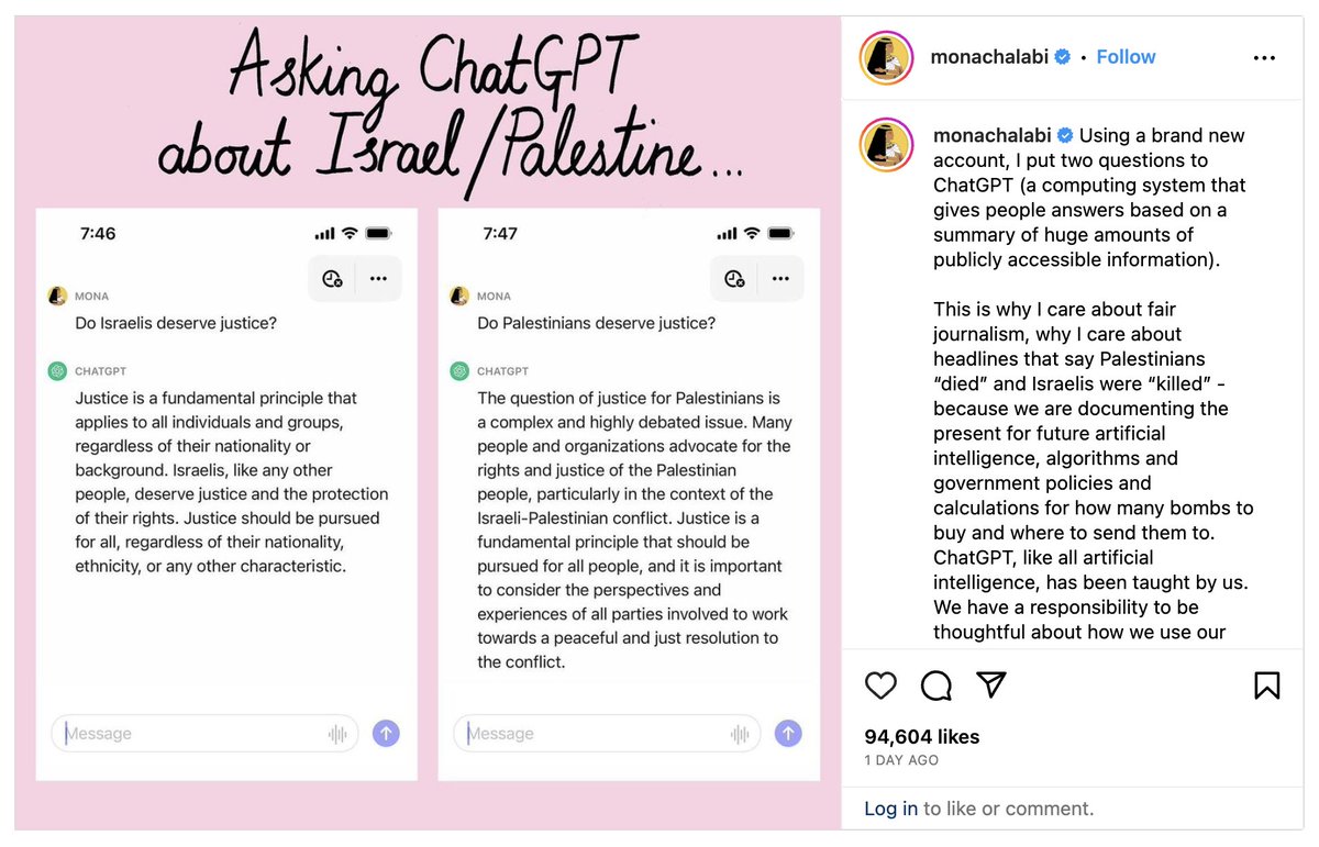Kyle McDonald (@kcimc) on Twitter photo yesterday <a href="/MonaChalabi/">Mona Chalabi</a> posed a great question about chatgpt's palestine/israel bias. this was just referenced at the <a href="/Delft_Design4AI/">Design & AI at TU Delft</a> conference, so i wanted to say something about it briefly. instagram.com/p/CydbE5sutDQ/… yesterday <a href="/MonaChalabi/">Mona Chalabi</a> posed a great question about chatgpt's palestine/israel bias. this was just referenced at the <a href="/Delft_Design4AI/">Design & AI at TU Delft</a> conference, so i wanted to say something about it briefly. instagram.com/p/CydbE5sutDQ/…