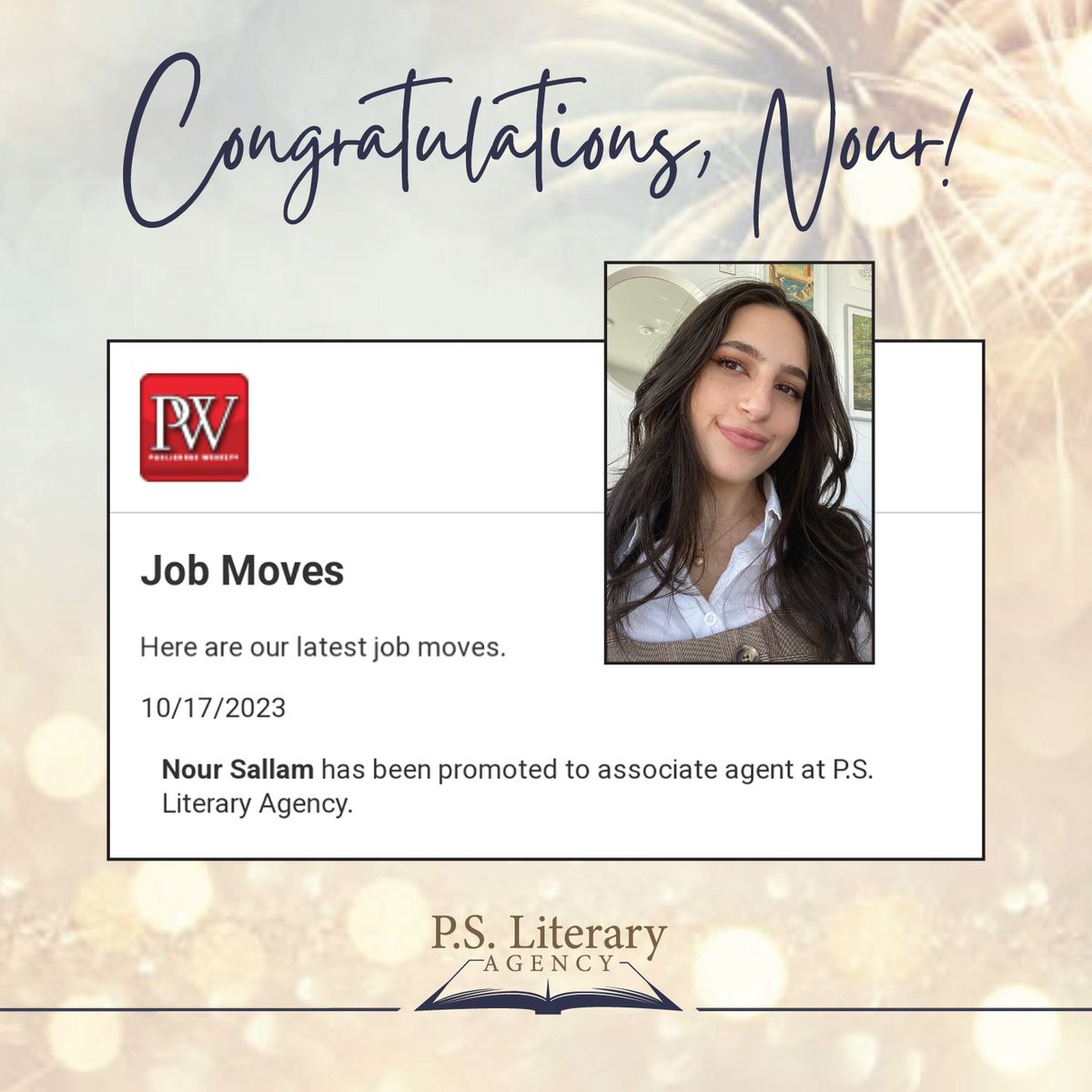 PSLiterary's tweet photo. Join us in congratulating our literary assistant, Nour Sallam, who has been promoted to literary agent here at #TeamPSLA!
Details on Nour's #MSWL will be coming soon!
https://t.co/U0DNEtPQMC https://t.co/CeyW4LnJOD
