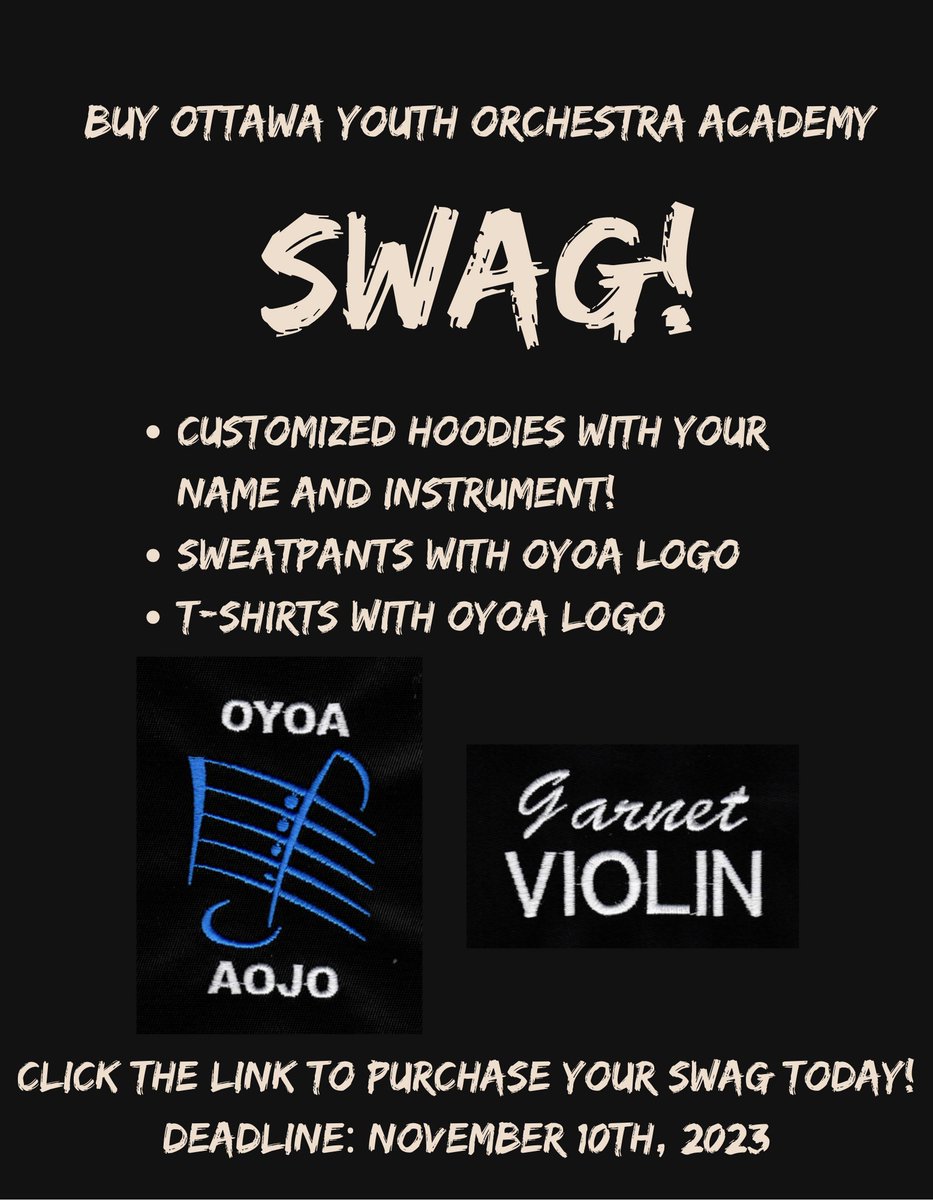 Head to our website at ottawayouthorchestra.ca and get your OYOA swag! We have hoodies, T-shirts, and sweatpants! For hoodies, you can personalize them with your name and instrument. They're fantastic gifts and warm for the fall weather.