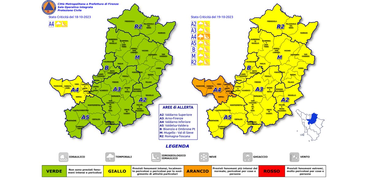 #MetroFirenze #AllertaMeteoTOS la Regione Toscana ha emesso un avviso di criticità meteo per rischio idrogeologico idraulico e temporali forti. Nei comuni Valdarno Inferiore è prevista un'allerta ARANCIO, mentre nei restati territori previsto cod GIALLO.