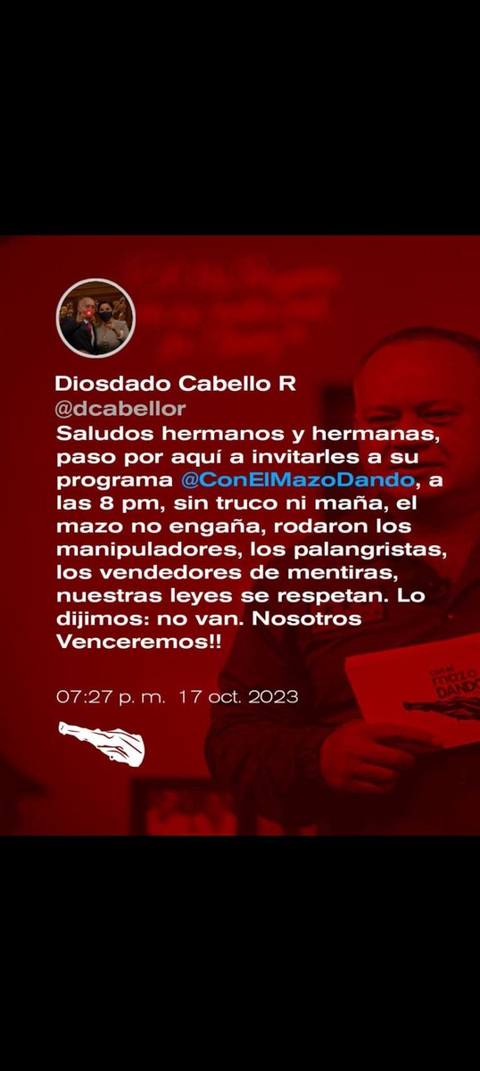 🗣🗣Hoy no se pueden perder hermanos chavistas nuestro programa @ConElMazoDando, Nosotros Venceremos!!!!
#VivaChavez 
#SinTrucoNiMaña