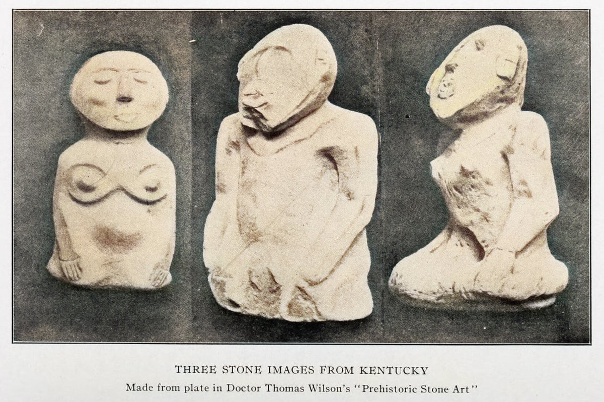 Stone statues found at mound sites in Kentucky. Many of these have been found. According to the text the heaviest one found weighed 61 pounds. From: Young 1910. [colorized]