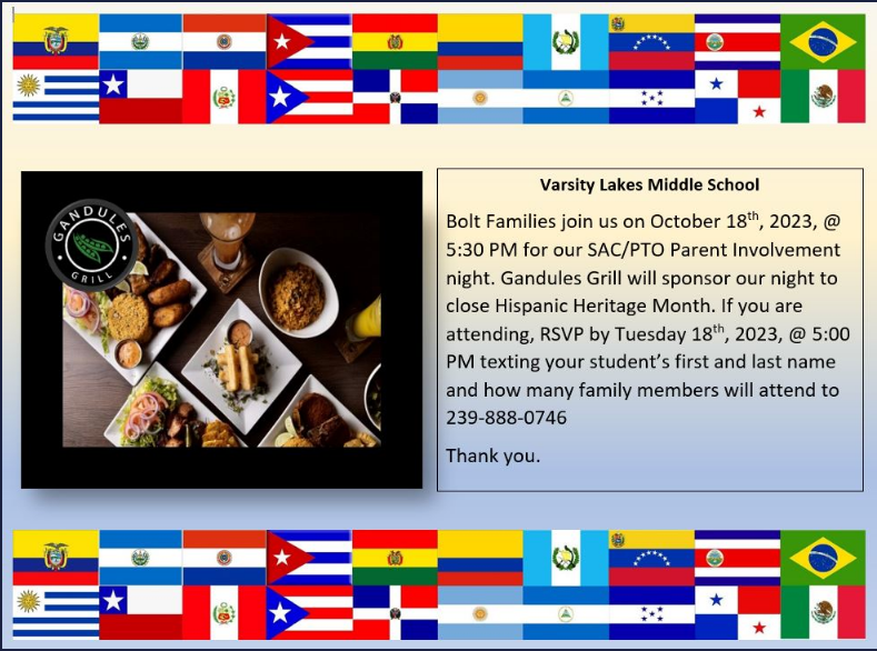 #VLMS invites you to join us for our SAC Meeting. A huge thank you to <a href="/Gandulesgrill/">GANDULES GRILL</a>  for sponsoring our event and providing a delicious dinner for our guests. Although our RSVPs ended Tuesday at 5:00 PM, you can still join us; just text the number below! #BoltUp #ThunderNation