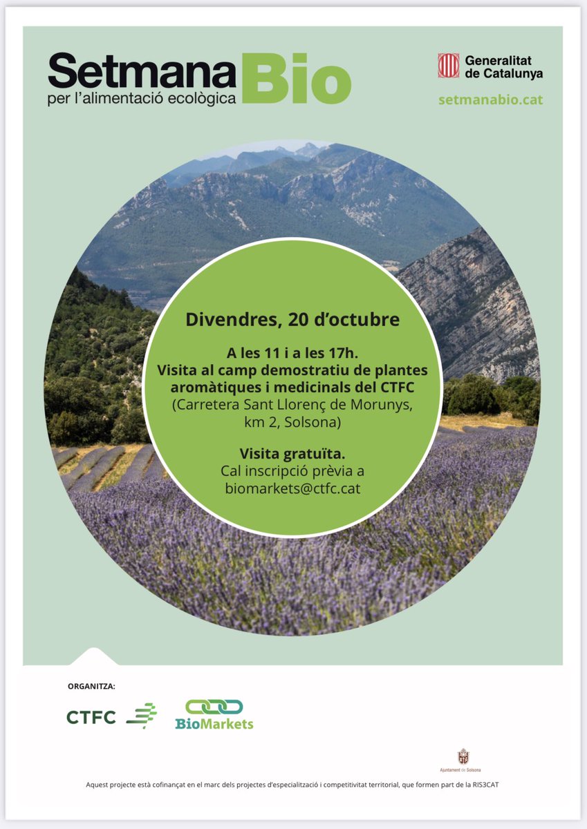 🌿Setmana BIO🌿
🌿Visita al camp demostratiu de plantes aromàtiques i medicinals del CTFC🌿

🗓️20 d’octubre 
🕚 11 h
🕔 17 h
📍Ctra de Sant Llorenç km 2, Solsona

🎟️Visita gratuïta 
👩🏻‍💻Inscripció prèvia a biomarkets@ctfc.cat

#firadaterra #solsoterra #ctfc #biomarkets