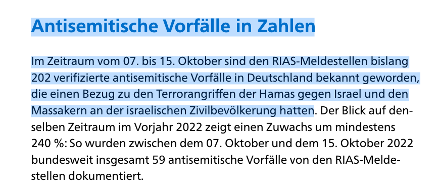 Deutlich mehr #Antisemitismus in 🇩🇪seit Hamas-Terrorangriffen auf Israel. Das zeigen neue Zahlen von @Report_Antisem. Die Zahl verifizierter Vorfälle liegt fast viermal so hoch wie im Vorjahreszeitraum (202 zu 59), jeder dritte online. Bericht+Beispiele: report-antisemitism.de/publications/