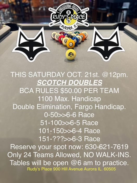 IllinoisPool's tweet image. 8 Ball Doubles Tournament
• 10/21 (12pm)
• Aurora (Rudy's Place)
• $50