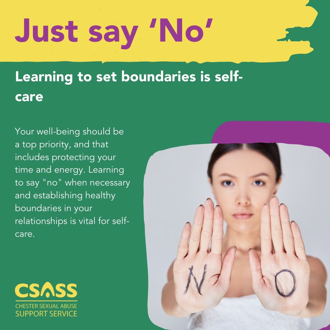CSASService's tweet photo. Your well-being should be a top priority, and that includes protecting your time and energy. Learning to say "no" when necessary and establishing healthy boundaries in your relationships is vital for self-care. #selfcare #wellbeing #survivors #webelieveyou #learningtosayno https://t.co/C5I7iXNbBW