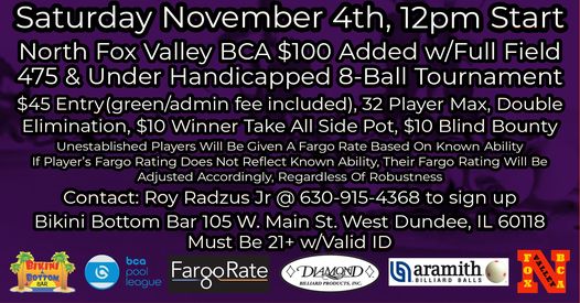 IllinoisPool's tweet image. 8 Ball Tournament
• 11/4/23 (12pm)
• West Dundee (Bikini Bottom Bar)
• $45