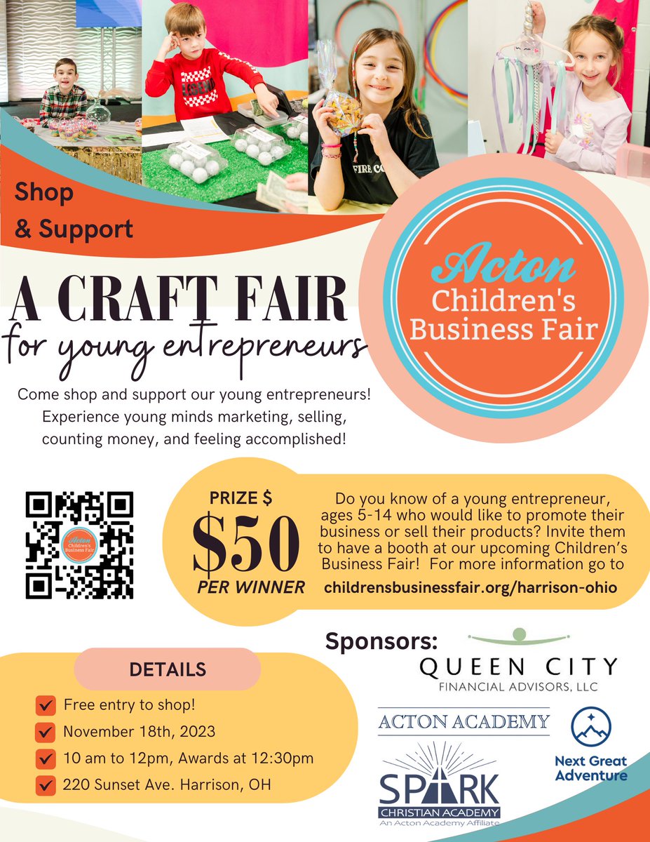 Do you know a young entrepreneur that would like to have a booth at our upcoming Children’s Business Fair? If so send them this flyer! Open to children ages 5-14!
