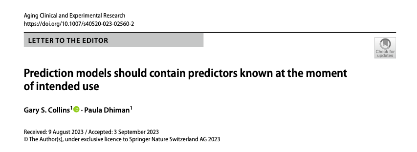 It 'should' be obvious but you can't use a prediction model when the predictors aren't known at the moment of prediction. Here @pauladhiman and I comment on one such prediction model... --> tinyurl.com/5c56t6ef #statstwitter #epitwitter