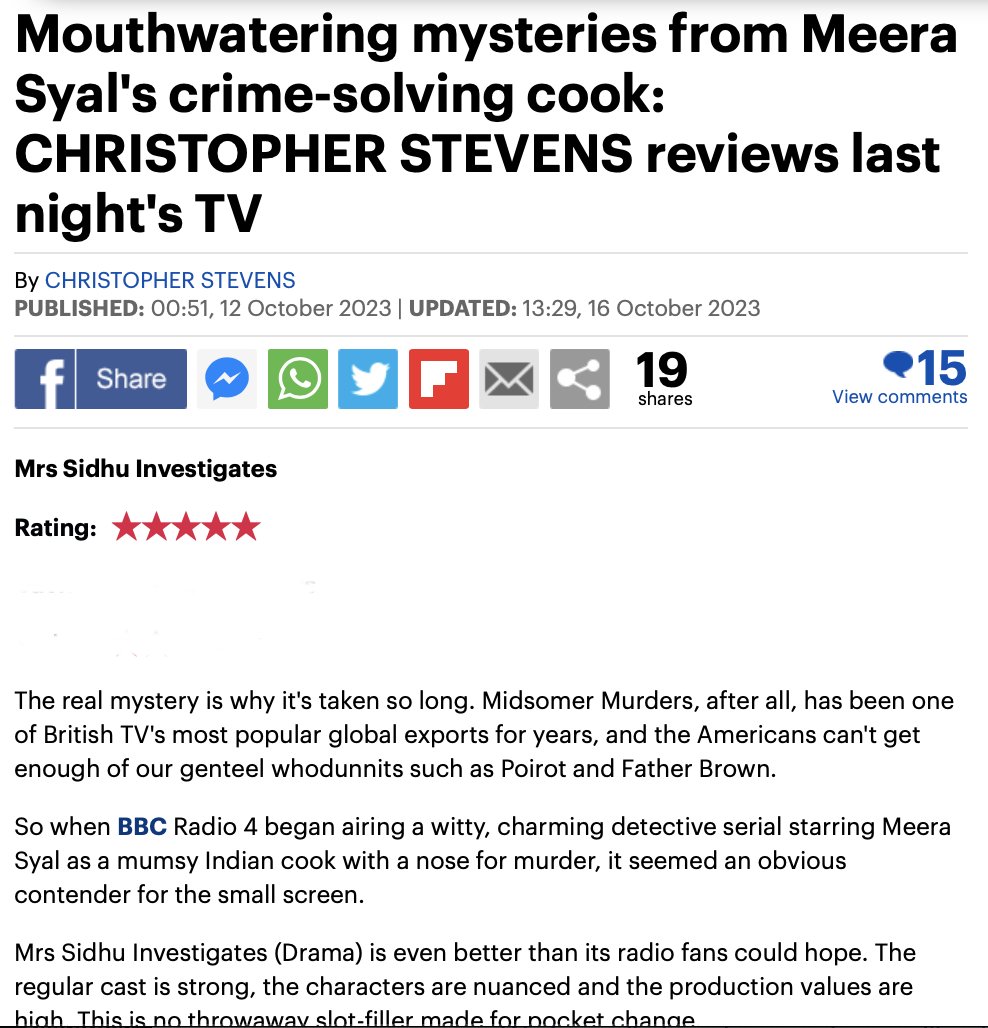 Episode 3 of Mrs Sidhu Investigates drops on @dramachannel at 8pm tonight. Here's Daily Mail's 5***** review of last weeks'. Huge props to the whole team - performances, concept, direction - esp to episode writer #vivienneharvey tinyurl.com/bp4vde57