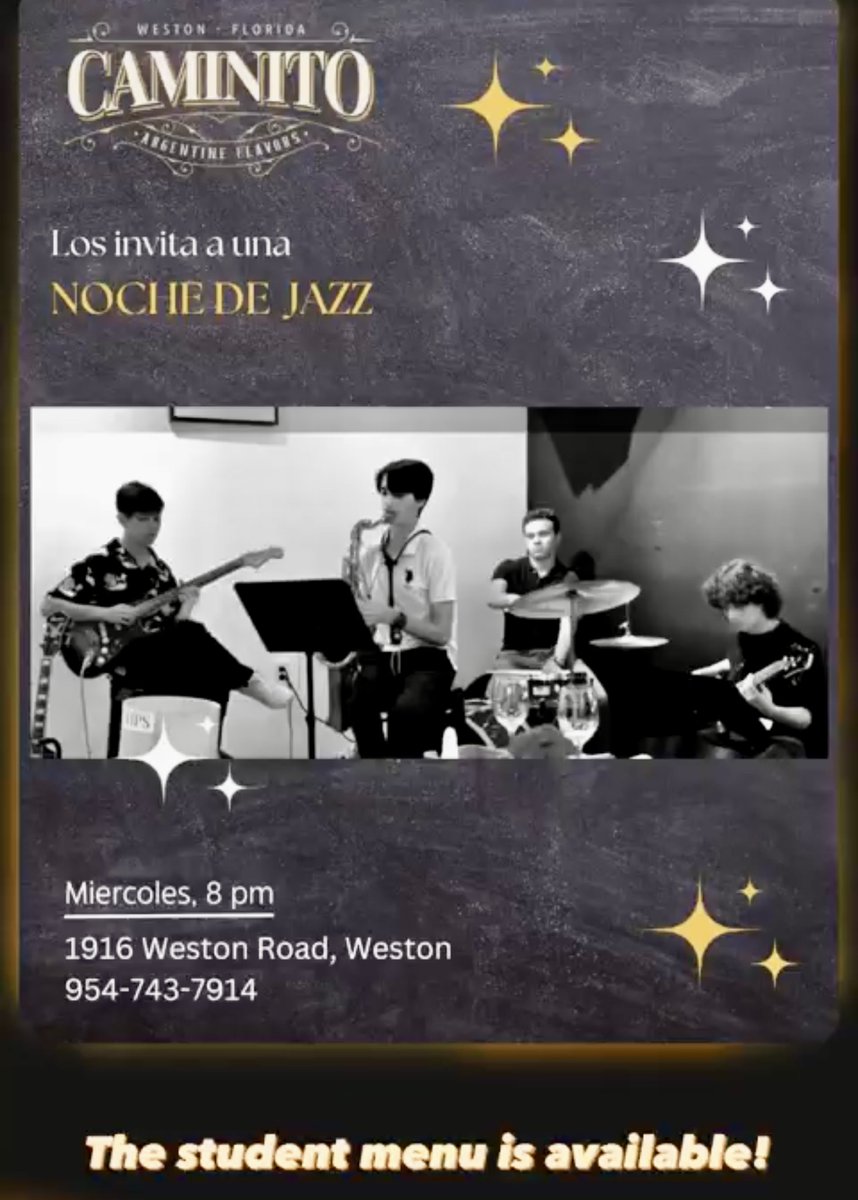Noche de Jazz at Caminito, today at 8:00 PM.  Enjoy Argentine specialties and a special student menu for $10! Featuring CB students and alumni.