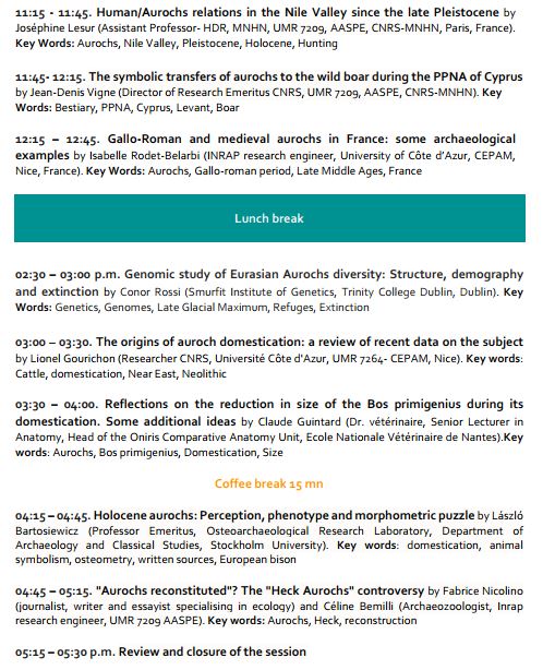 [#Seminar] The AASPE unit welcomes you to the <a href="/Le_Museum/">Muséum national d'Histoire naturelle</a> on Thursday 19 October for a day of discussions on human-auroch relations 🐮 In person and by videoconference. 
ID Zoom: 941 2249 0330 
Password: nk5mbx