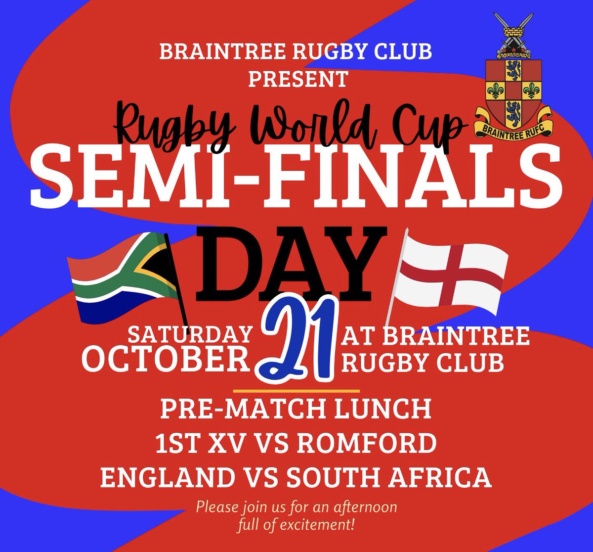 THIS SATURDAY! 

This Saturday is sure set to be a busy one with the days events, finishing off with the World Cup Semi-Final being shown live from the clubhouse in the evening!

Make sure you get over to the club as this is sure to be a day you definitely don’t want to miss! 🏉