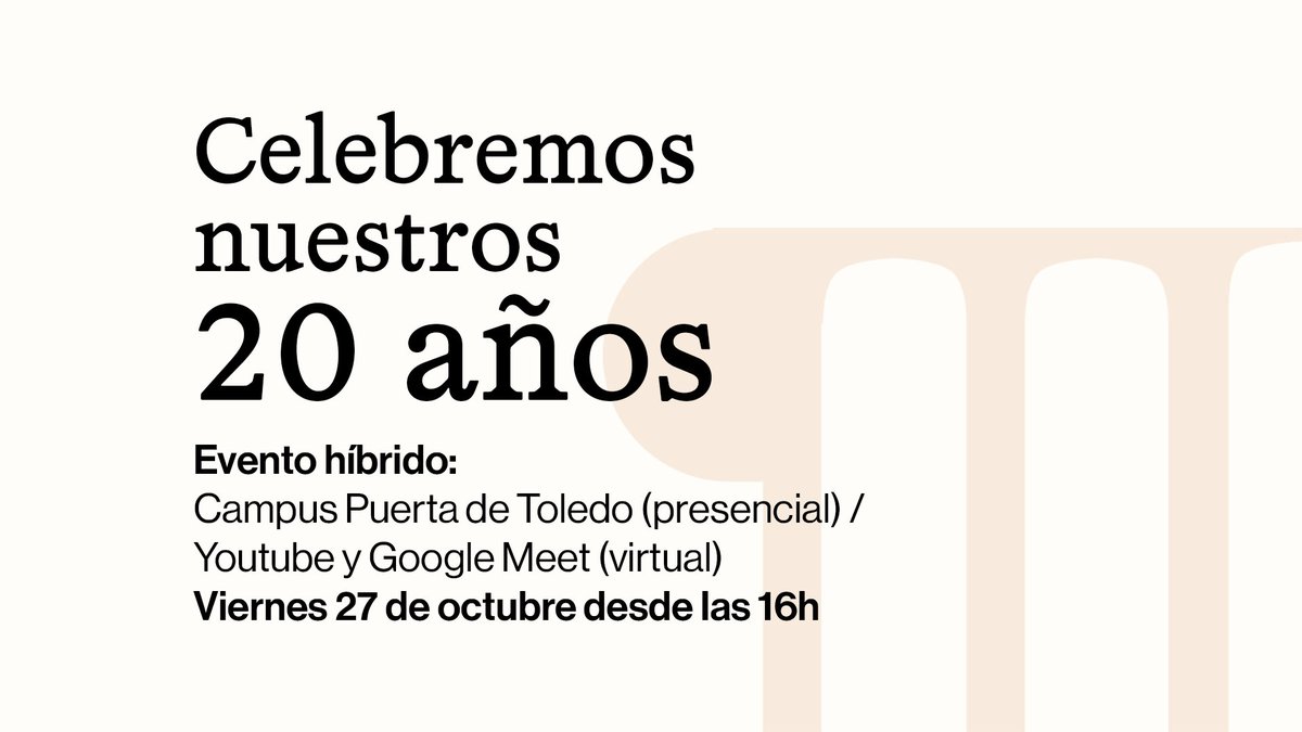 ¿Vienes a celebrar con nosotr@s los 20 años del Máster 🤔? ✅Cuéntanos si nos vemos en el campus de Puerta de Toledo o a través de las pantallas. Confirma tu participación en este formulario: forms.gle/vwUGjinehMw9YY… 👉 Conoce la programación completa: mastergestioncultural.eu/celebremos-20/