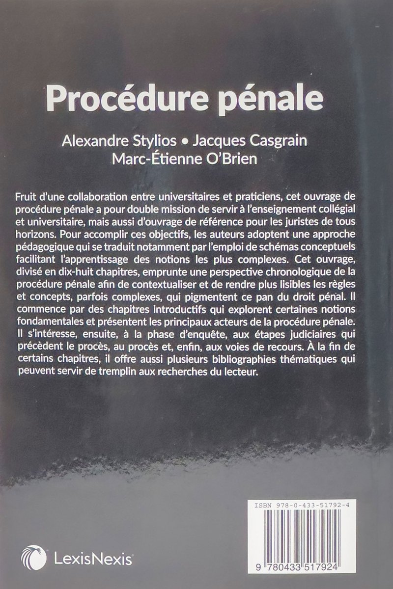 Nouveauté en librairie

Procédure pénale

Auteur(s) : Stylios, Alexandre; Casgrain, Jacques; O'Brien, Marc-Étienne
Éditeur : LexisNexis
Année : 2023
Nombre de pages : 1262
ISBN : 9780433517924

wilsonlafleur.com/wilsonlafleur/…

#librairiewilsonlafleur #droitpénal #procédurepenale