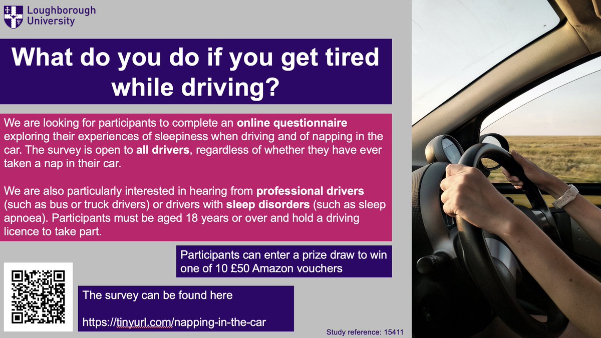 We are looking for drivers to complete a survey exploring their experiences of sleepiness when driving and of napping in the car. The survey is open to all drivers, regardless of whether they have ever napped in their car.
Survey access: tinyurl.com/napping-in-the…