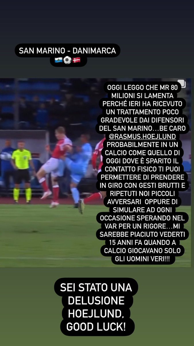 UtdPlug's tweet photo. 🚨 Roberto Di Maio's response to Rasmus Hojlund:

"Today I read that 80 million complained about being mistreated yesterday by the San Marino defenders. Well, my dear, probably in today's football where physical contact has disappeared, you can afford to make fun of us, little opponents, with ugly gestures or to fake at every opportunity hoping for a penalty from the VAR. I would have liked to see you 15 years ago when only the real men played football!” #MUFC