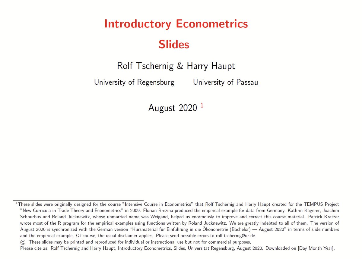 Hi #EconTwitter!

Looking for introductory econometrics material? Or perhaps crafting slides for your #econometrics course and need clear empirical examples or a solid reference?

Check out👇these 400+ slides by Rolf Tschernig (University of Regensburg) &amp; Harry Haupt (University