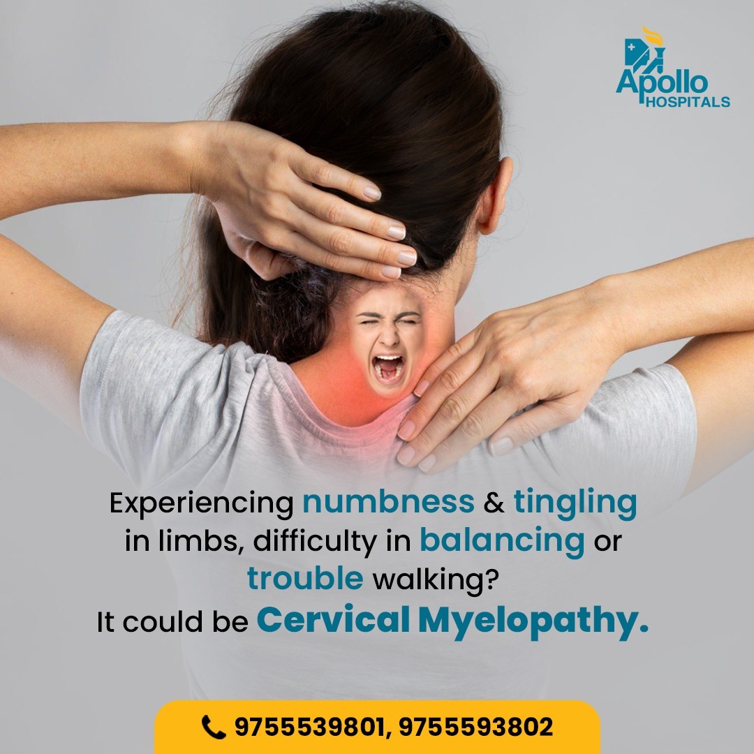 #CervicalMyelopathy occurs due to compression of the cervical spinal cord in the neck. The symptoms include tingling in arms & legs, difficulty in motor functions, pain in arms or shoulders, difficulty in balancing while walking, weakness in limbs & more. #ApolloBilaspur