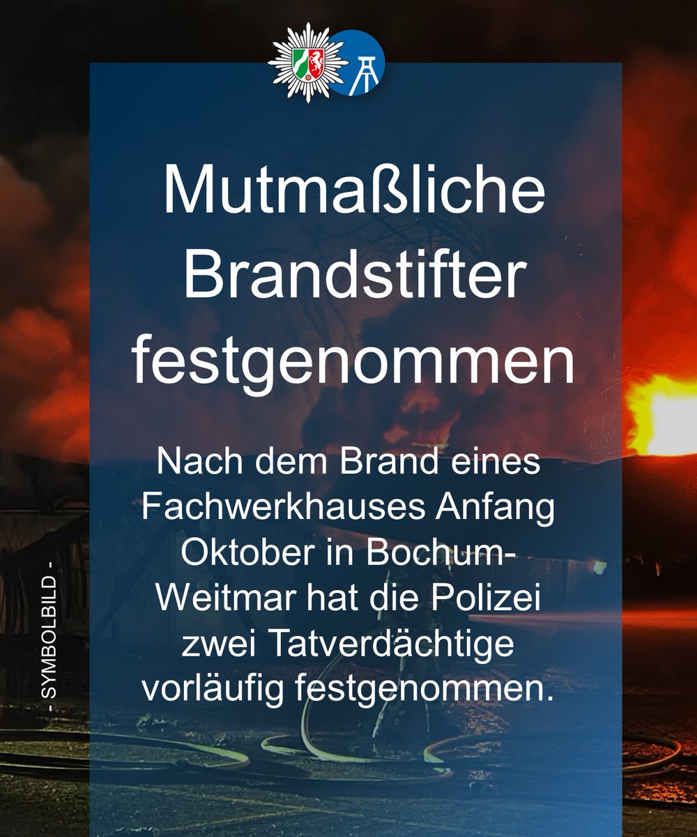 polizei_nrw_bo's tweet photo. 🚔🔎 Zwei mutmaßliche Brandstifter vorläufig festgenommen: Nach dem #Brand eines Fachwerkhauses Anfang Oktober in #Bochum #Weitmar hat die Polizei zwei Tatverdächtige (15, aus Bochum) vorläufig festgenommen.
📍 https://t.co/22FHbqUreL https://t.co/a8Sp0ZM5xR