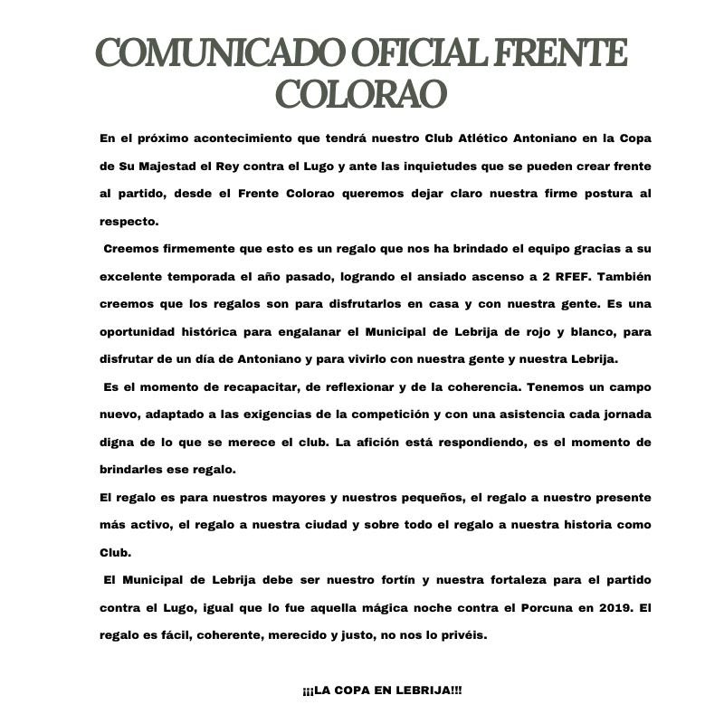ColoraoFrente's tweet photo. COMUNICADO OFICIAL FRENTE COLORAO.

#LACOPAENLEBRIJA
#LACOPAENLEBRIJA https://t.co/evY60kfhaJ