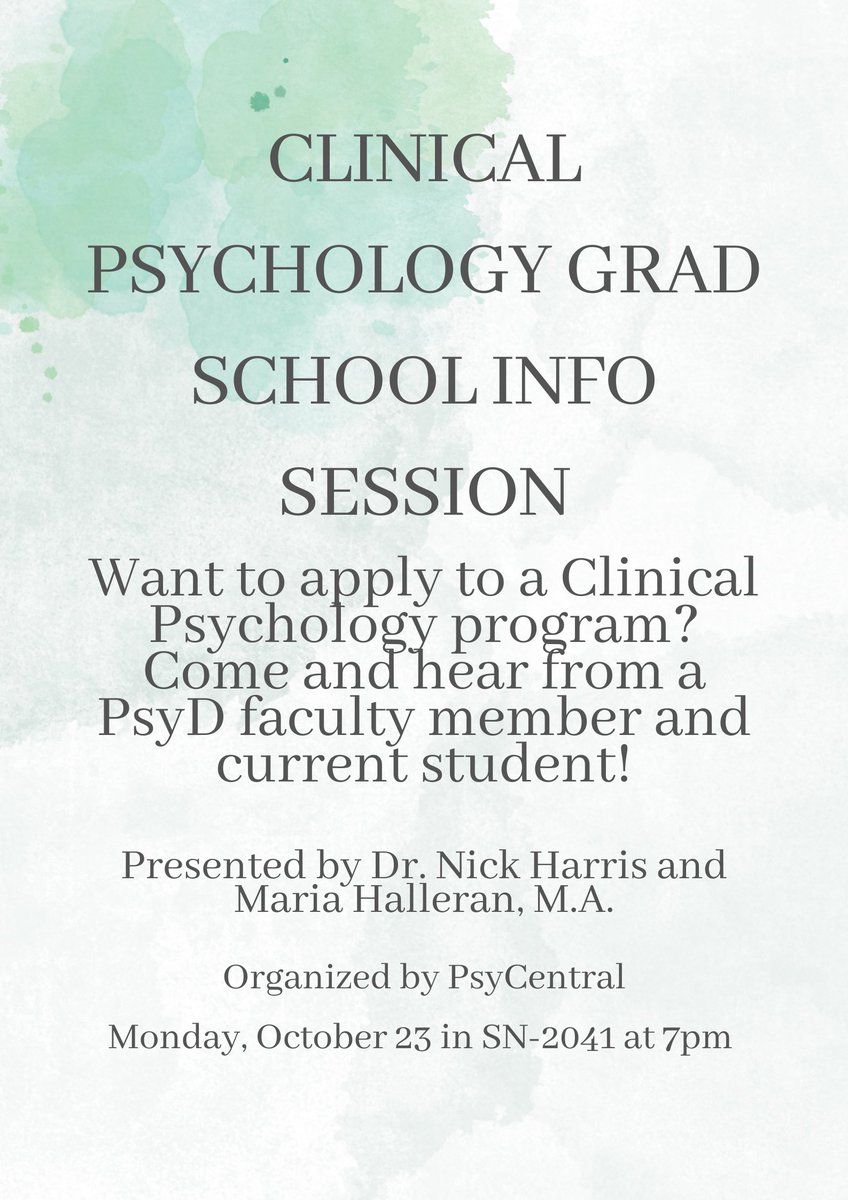 Considering a career in clinical psychology? PsyCentral has organized an information session about applying to Clinical Psychology graduate programs. Clinical Psychologist, Dr. Nick Harris and PsyD student, Maria Halleran will be presenting Monday, Oct. 23 at 7pm in room SN2041.