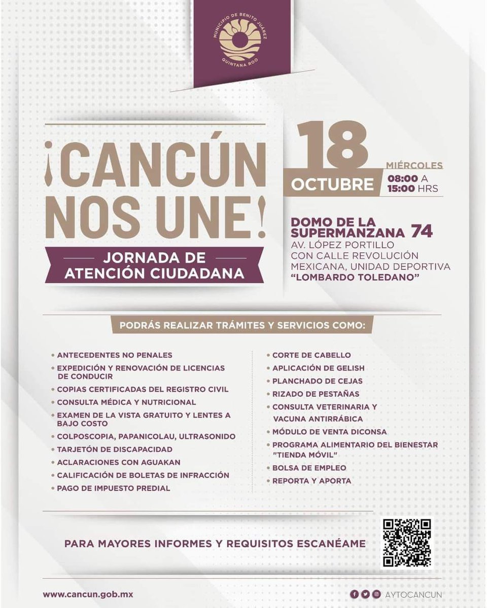 anapatyp's tweet photo. Cancunenses nos vemos hoy en las Jornadas de Atención Ciudadana Cancún Nos Une en el Domo de la #SM74. 👏
Te esperamos:
https://t.co/ZfSjVsj849
#CancúnNosUne para #SeguirTransformando 🤝 https://t.co/8ruceeeZEG