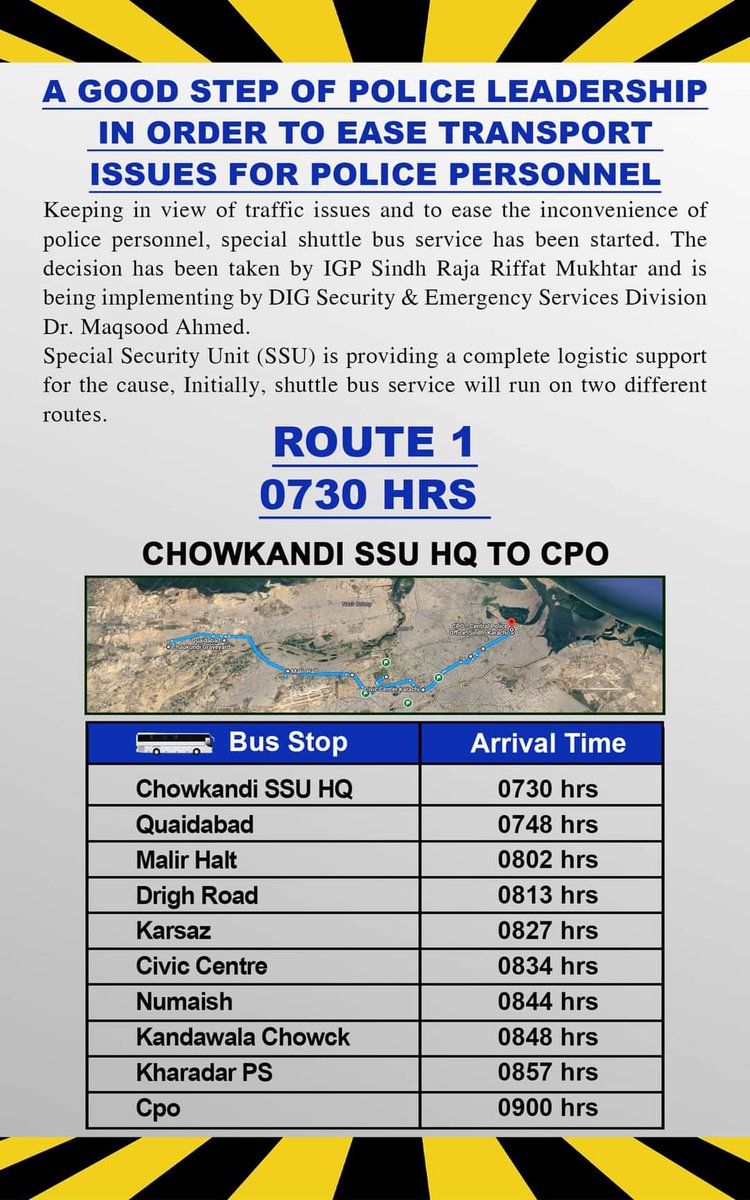 ssusindhpolice's tweet photo. Special 𝐒𝐡𝐮𝐭𝐭𝐥𝐞 𝐁𝐮𝐬 𝐒𝐞𝐫𝐯𝐢𝐜𝐞 for police personnel deputed in Karachi 🚎

• Routes 🛣️
• Timings 🕰️ 

#welfare #police #SindhPolice #KarachiPolice #Sindh #karachi #ssu #IGsindhPolice #digsecurity #shuttlebus #transport https://t.co/TOj4hJFoIy
