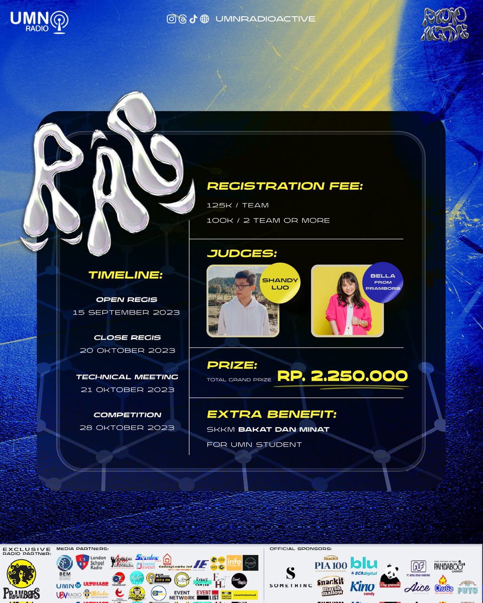 [RADIO ANNOUNCING COMPETITION🎙️📻]

Revends, mau tau gimana rasanya siaran radio? Pas banget nih, karena RADIOACTIVE lagi buka Radio Announcing Competition dengan tema “Get Out From Comfort Zone"🎙️🎉