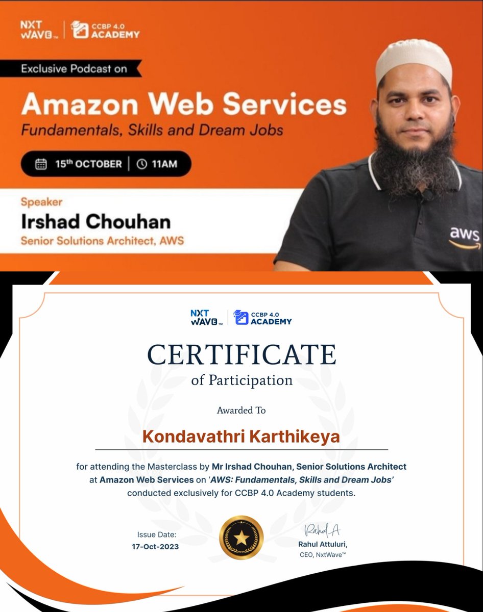 Hello Connections🤗

I'm so excited to announce that I've been awarded a certificate of participation in the Amazon Web Services(#AWS) Masterclass by Mr. Irshad Chohan, senior solutions architect, at Amazon Web Services 
#AWSCertification #Masterclass #DreamJobs #CloudComputing