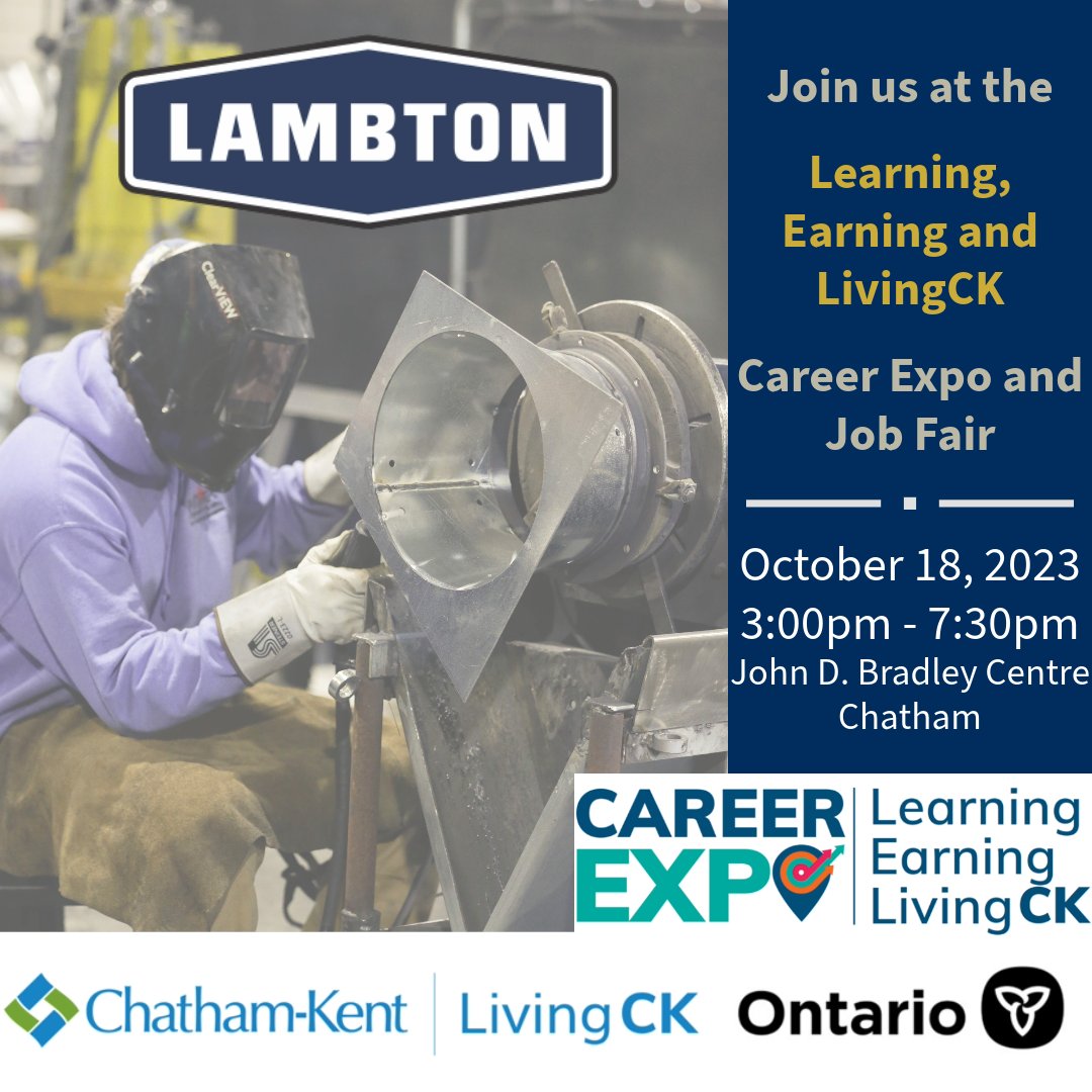 Today, we will be at the Learning, Earning and @LivingCK Career Expo and Job Fair.

Stop by our booth and see what employment opportunities Lambton has to offer!

🕒3:00pm - 7:00pm
📍John D. Bradley Convention Centre

#LivingCK #JobFair #CareerExpo #CKOnt #ChathamKent