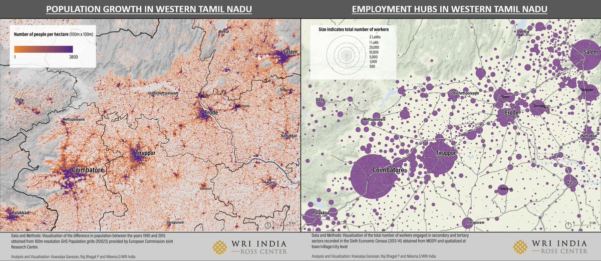 #Maps below show population growth & employment hubs in western #TamilNadu (Coimbatore, Tiruppur, Erode, Salem) - a well connected region Looking at the growth patterns, It is essential we look at regional development & planning strategies going beyond city/planning area limits