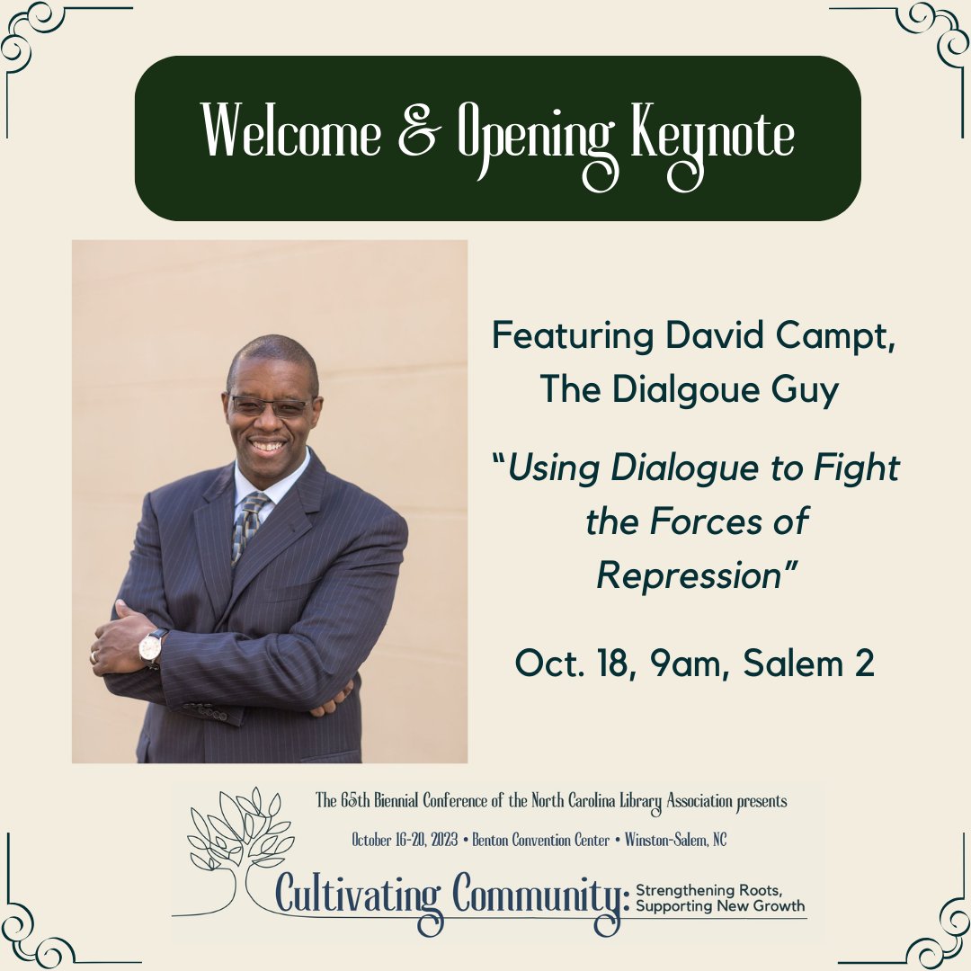 Join us in Salem 2 in half an hour for the Welcome and Opening Keynote featuring Dr. David Campt! #NCLA23