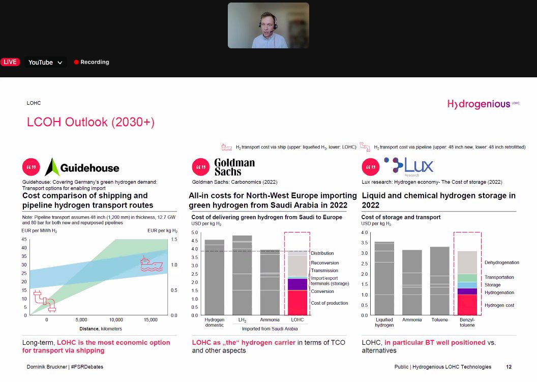 Hydrogen, LOHC is competitive vs cracked ammonia and liquid hydrogen, says @hydrogenLOHC Dominik Bruckner, reporting research from @Guidehouse and @GoldmanSachs during @EUI_FSR's webinar 'Scaling hydrogen shipping' - #FSRDebates