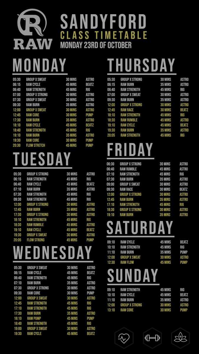 RawGymsDublin's tweet photo. Our new class timetable goes live this Monday, the 23rd of October 🎉
#RawStrength #RawBurn #RawFlow #GymsDublin #SweatItToGetIt https://t.co/gAywgumyP7