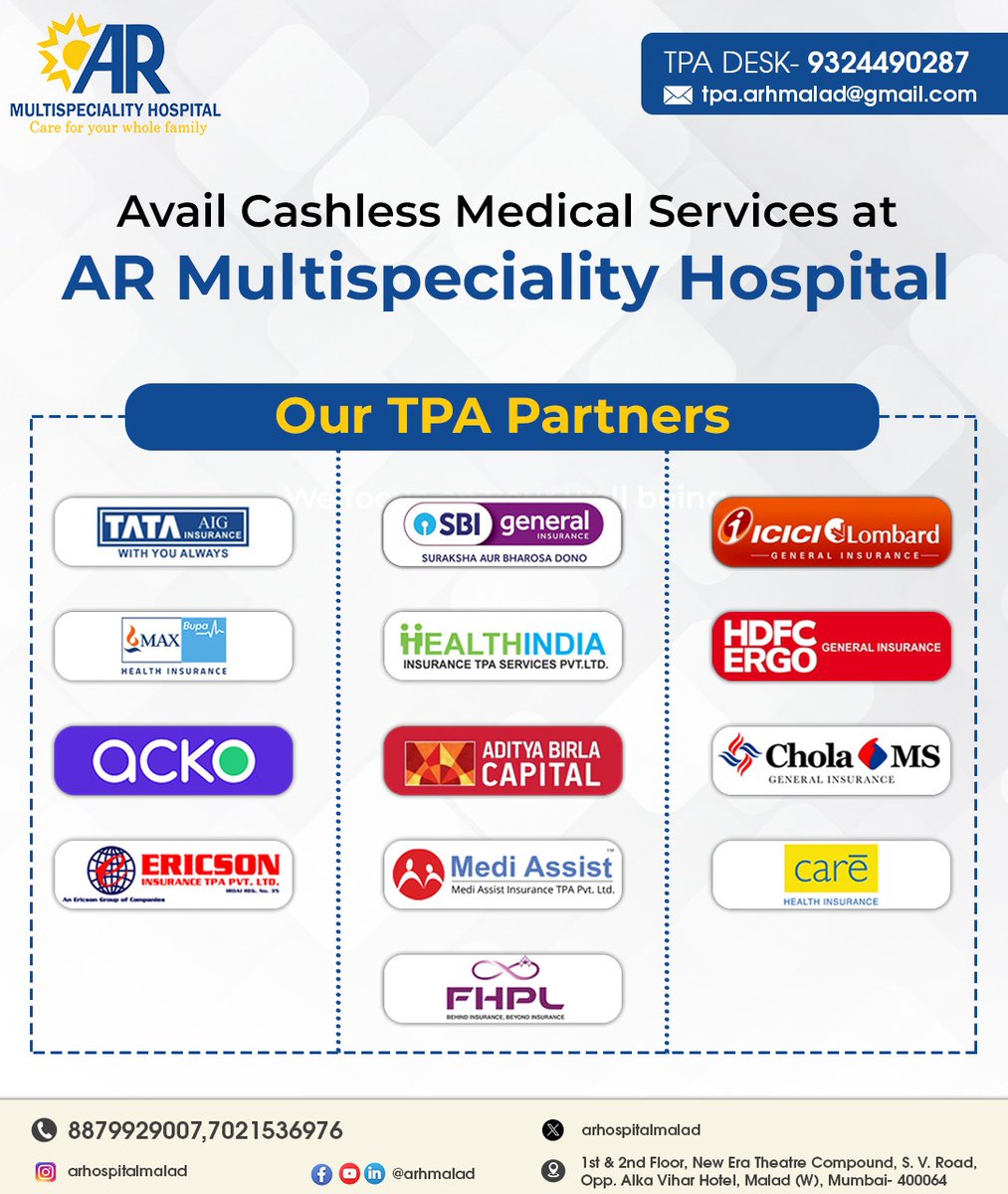 arhospitalmalad's tweet image. Experience peace of mind with Cashless Facility at AR Multispeciality Hospital – your health is our priority, and we make quality care accessible and hassle-free for you.
TPA Desk: 9324490287

#ARMultispecialityhospital #CashlessFacility #EasyPayments #HassleFreeTransactions
