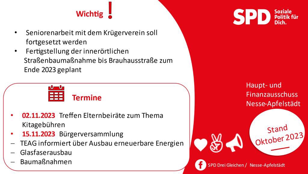 Informationen aus dem Haupt- und Finanzausschuss für die Region Nesse-Apfelstädt.
#kommunalpolitik #gemeinsamimteam #sozial #mitgestalten