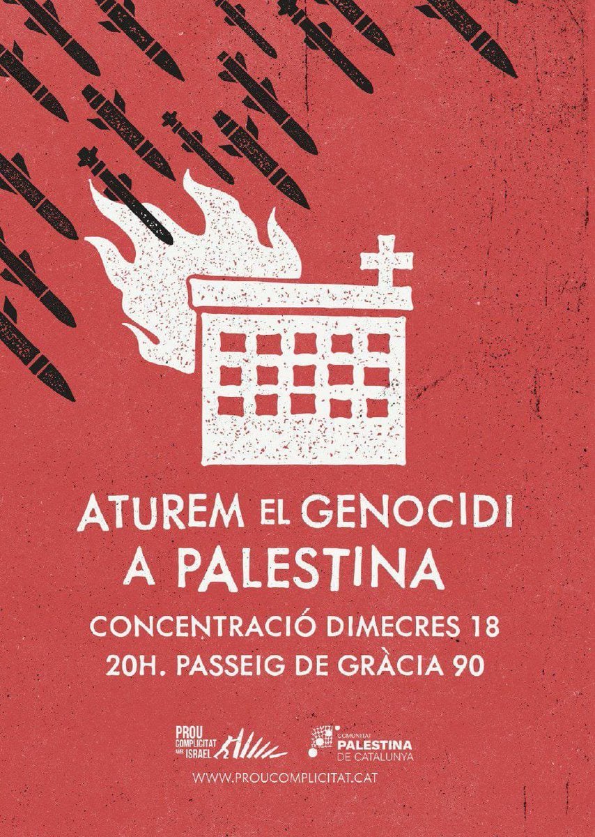 Socjoaurora's tweet photo. 🔴 Concentració urgent: Aturem el genicidi a Palestina.

És necessària una implicació internacional diplomàtica determinada per detenir la situació i que el govern espanyol suspengui la venda d'armes a Israel entre altres mesures urgents.

📢 Sortim al carrer #NotInOurName https://t.co/BhBw9vSfOW