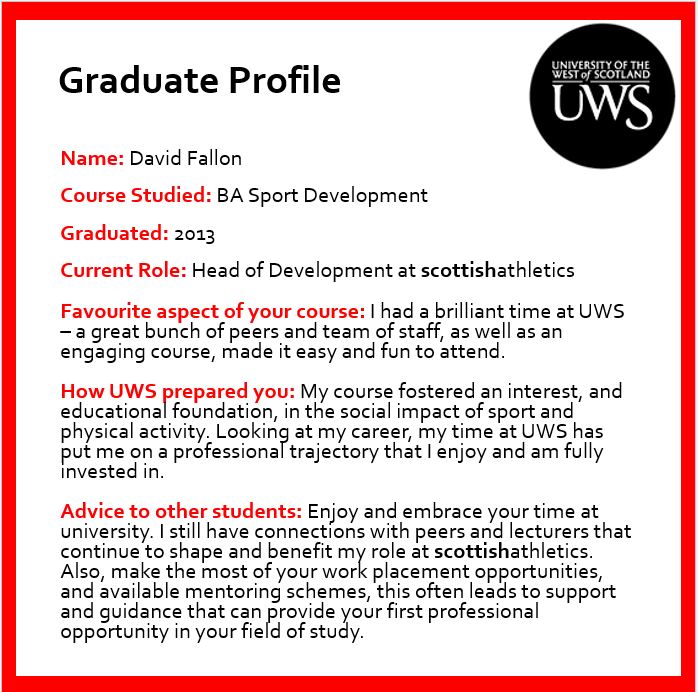 🎓Graduate Profile🎓 @DavidFallon88 completed his Sport Development degree with us in 2013. He is currently Head of Development at @scotathletics @SALDevelopment. Take a look to see how David's degree helped to prepare him for a career in sport. #LifeatUWS #UWSSportGradStories